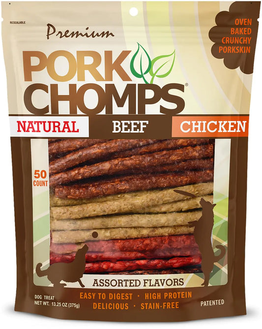 Pork Chomps Dog Chews 5-inch Munchy Sticks Assorted Flavors 50 Count (Pack of 1)